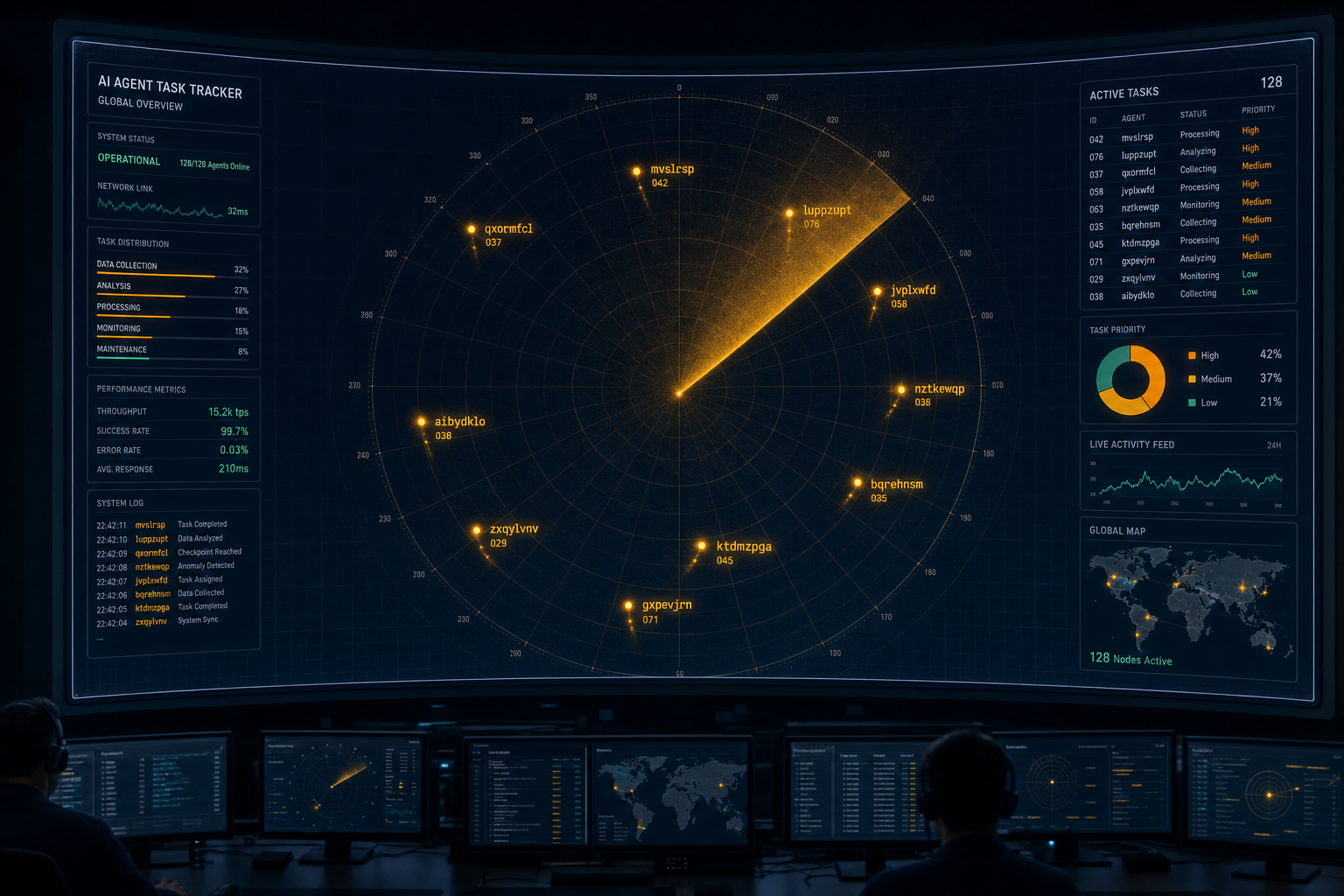 cli: A cinematic mission-control radar screen at night — glowing amber blips representing AI agent tasks, each labeled with a cryptic task ID, orbiting in safe separation around a dark navy field. The scene feels like controlled power: many things in motion, nothing colliding.